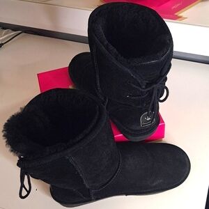 BearPaw Black Suede Slip On Boots with Sheep Skin Lining